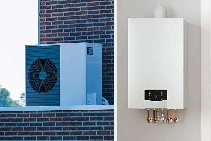 Modern air source heat pump next to a traditional gas boiler, highlighting differences in size and setup for UK home heating
