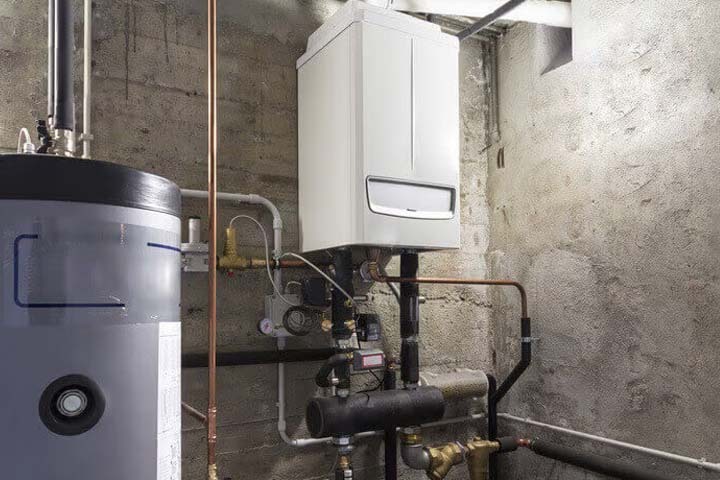 Modern condensing boiler installed on a kitchen wall without a water tank