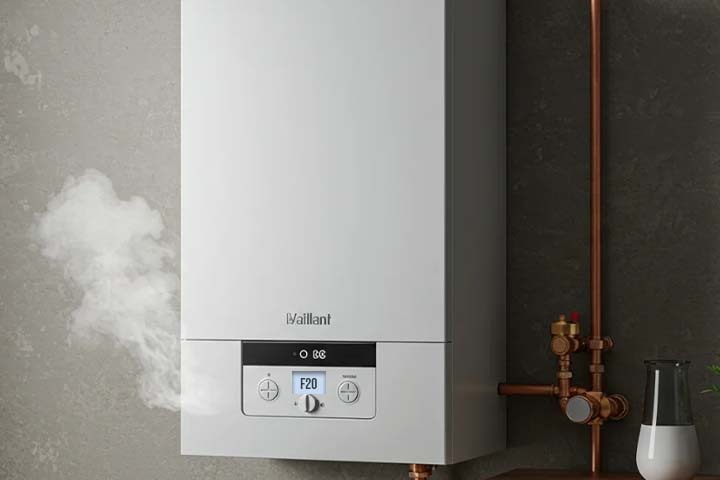 Vaillant boiler displaying F20 error code on screen with a warning symbol